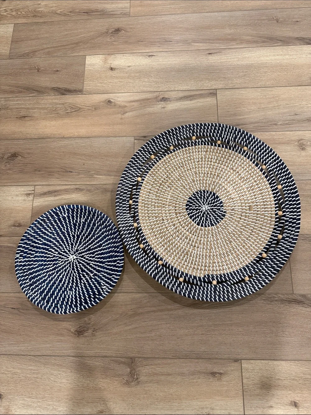 Woven Round Decorative Wall Baskets - Navy & Natural. Set of 2.